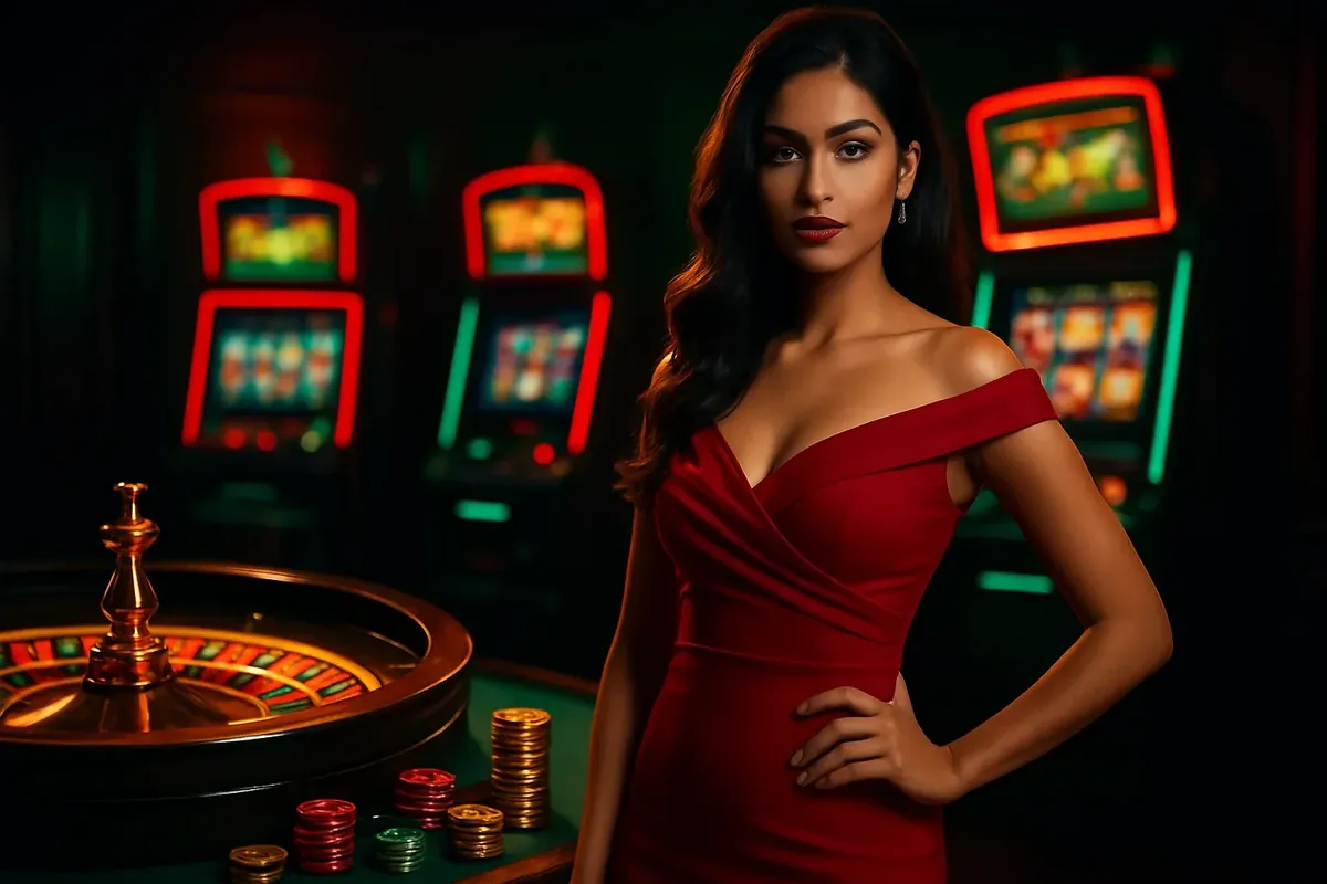 Beautiful woman in red dress standing near roulette and slot machines in luxury Bangladesh casino with neon accents and gold coins