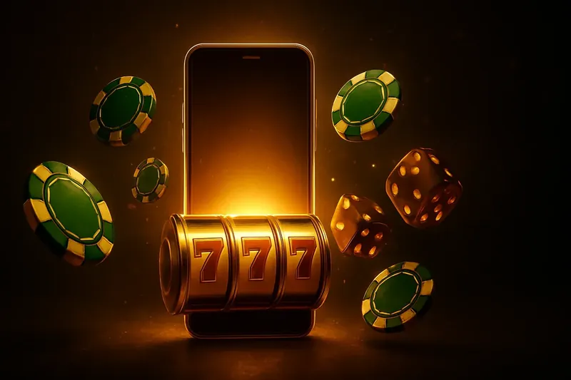 Glowing smartphone surrounded by casino chips, slot reels, and dice with neon green and gold accents